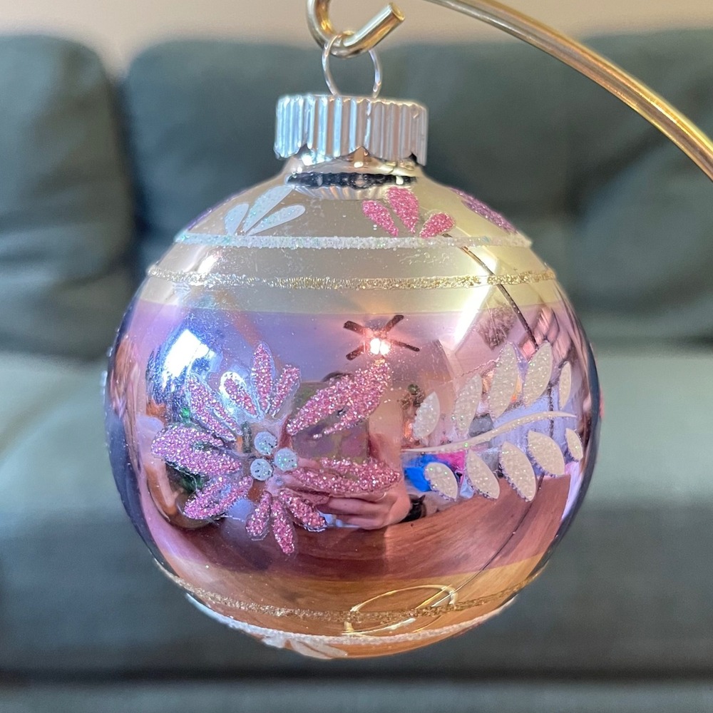 Radko Shiny Brite Glitter Stripe Ornament ball poinsettia‎ purple green flower